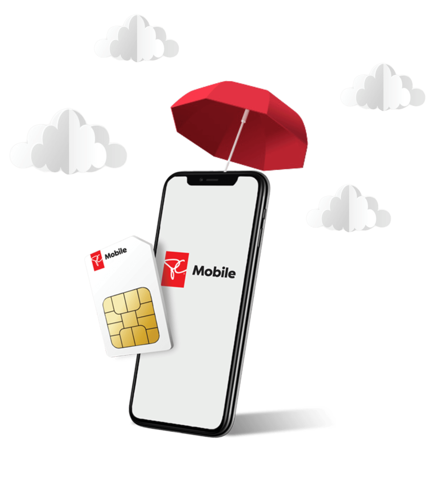 PC Mobile Phone and Sim Card within Umbrella and Clouds